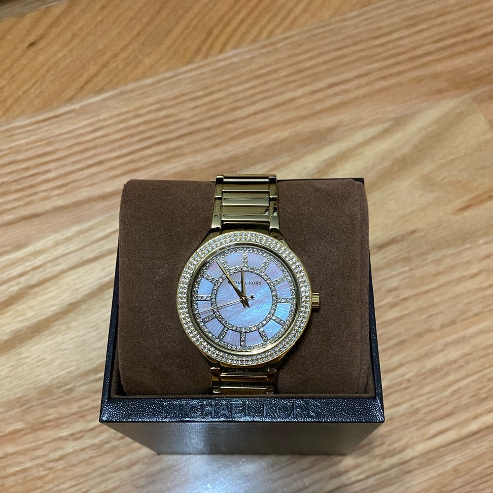 Authentic Michael Kors gold pearl face pave watch
